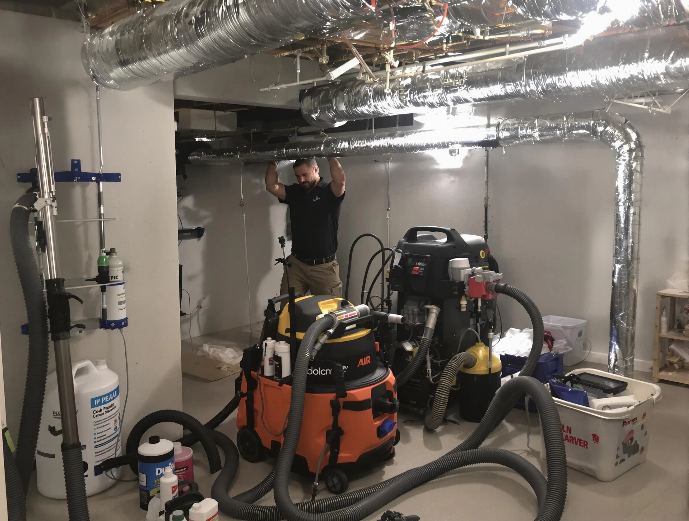 Stoughton Air Duct Cleaning specialist performing professional mold removal from air ducts using safety equipment in Stoughton