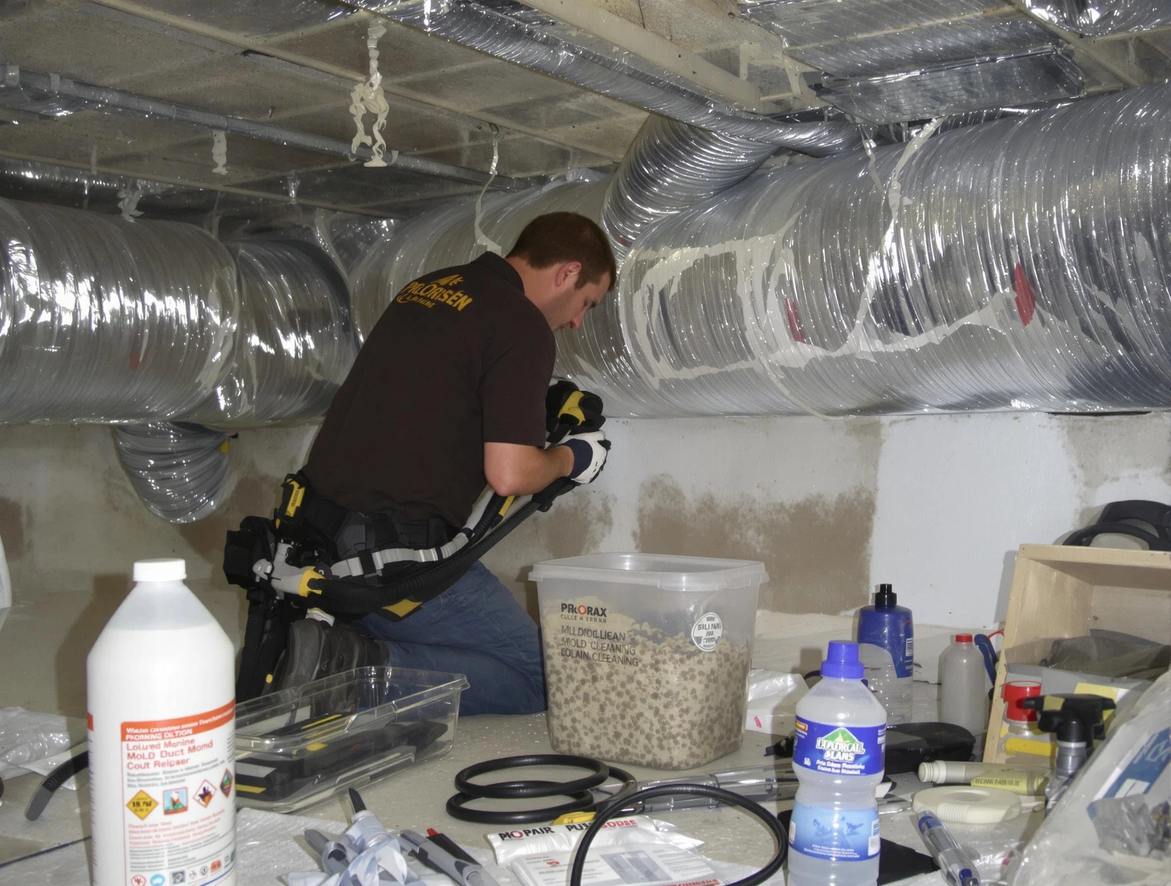 Stoughton Air Duct Cleaning specialist performing professional mold removal from air ducts in Stoughton