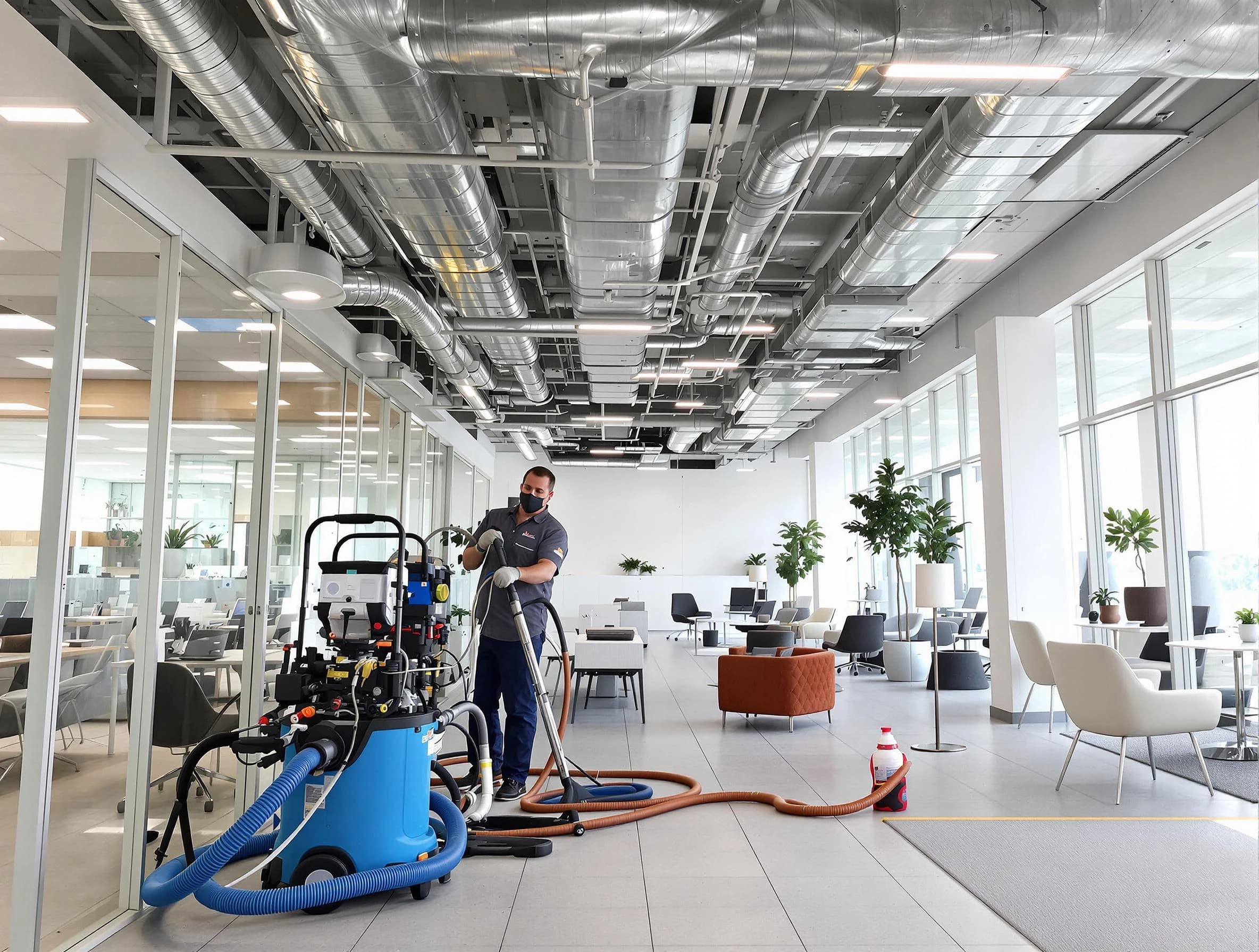 Stoughton Air Duct Cleaning team conducting comprehensive commercial duct cleaning at a business location in Stoughton