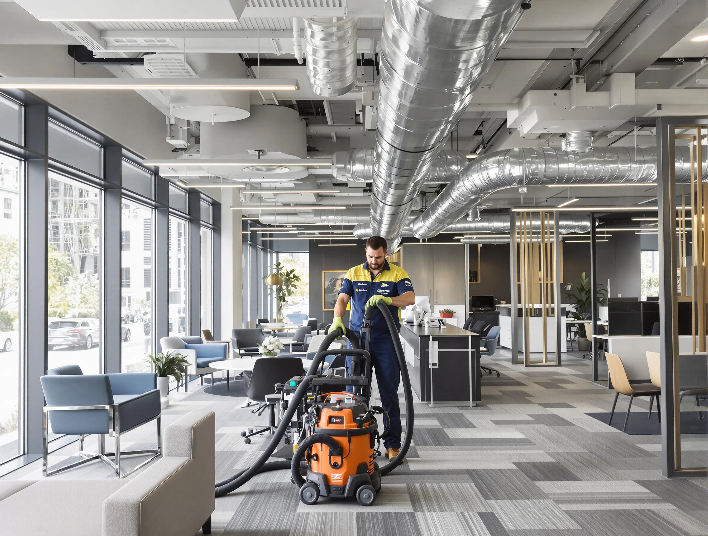 Stoughton Air Duct Cleaning team performing thorough commercial duct cleaning at a Stoughton business center